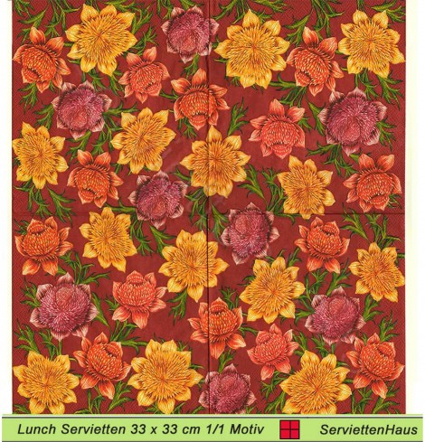 Dahlien in gelb orange lila auf rot - 1 Lunch Serviette - ganzes Motiv